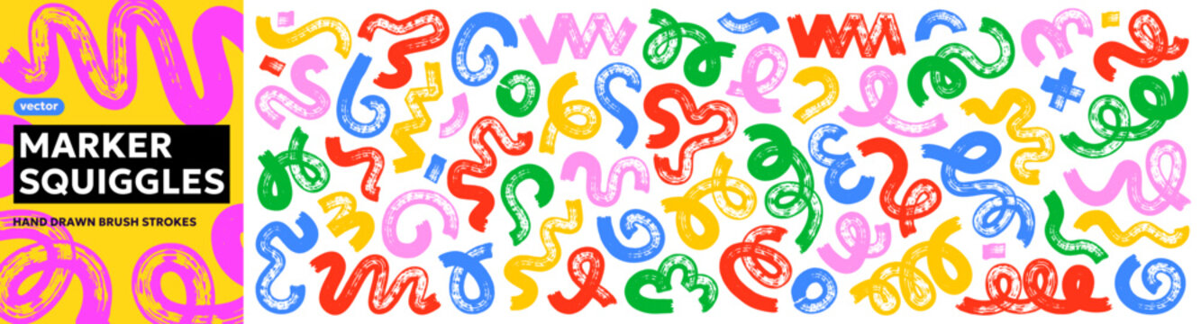 Colorful marker squiggles and doodle swirl set with bold hand drawn loops, curly strokes and playful abstract lines. Creative elements for branding, stickers, scrapbooking, layouts and modern design.