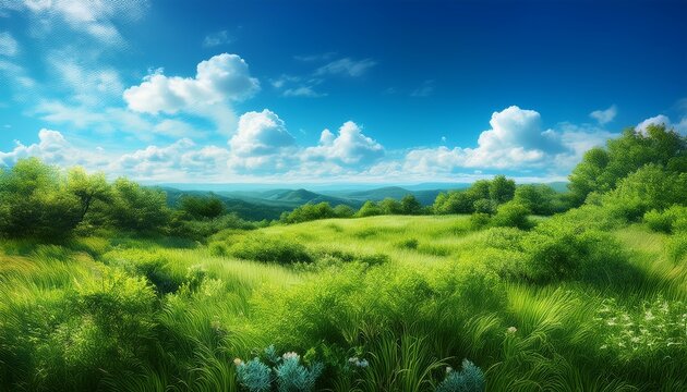 vibrant summer landscape featuring lush green grass and thick bushes under a bright blue sky with fluffy clouds in a hand painted style vegetation scenic horizon