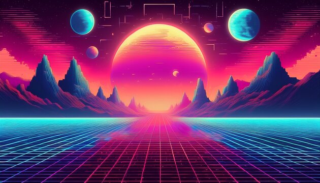 retro pixel art landscape with glowing neon grid and planets synthwave aesthetic digital art