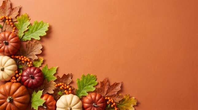 Autumn border with pumpkins, leaves and berries on orange background
