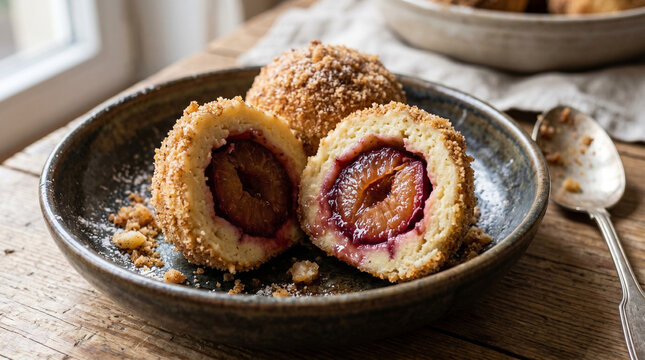 Zwetschgenkn&ouml;del, plum dumplings with sugar