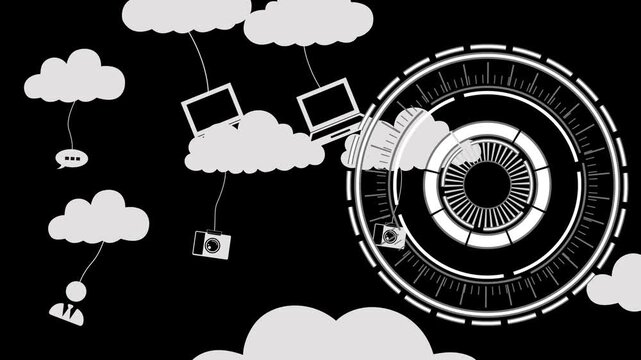 Abstract cloud computing concept with laptops cameras and clouds circular futuristic interface element animation