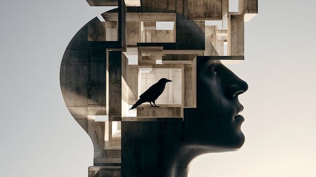 Prompt: An avant-garde psychological concept artwork featuring a sharp silhouette profile of a head looking up, double-exposed with a brutalist architectural labyrinth constructed from raw concrete 