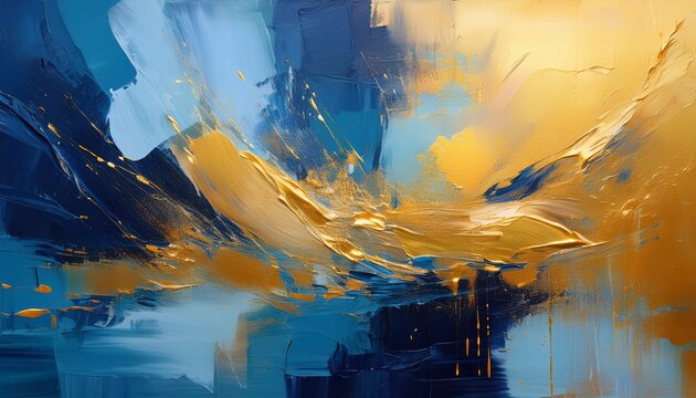 abstract expressionist art piece with blue gold background blue and gold hues creative expression bold strokes artistic expression