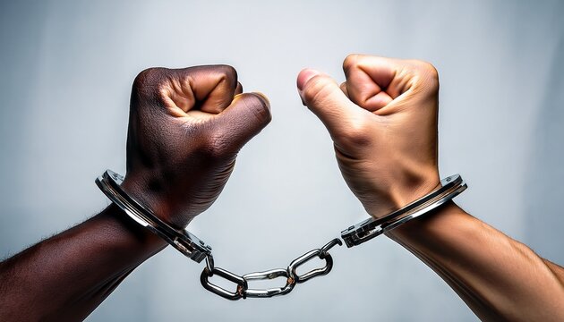 two hands of different ethnicities joined by a broken handcuff chain symbolize freedom from slavery and promote racial equality