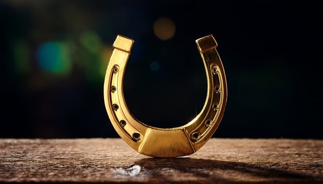 golden horseshoe symbol on wood surface with dark background luck concept