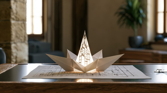 Origami skyscraper emerging from a blueprint on a sleek wooden desk, photorealistic 8k hyperdetailed, corporate strategy concept