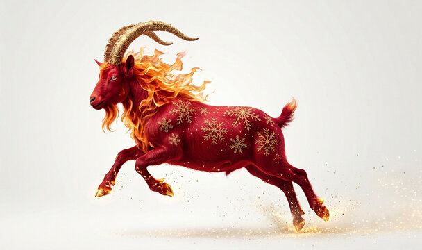 Majestic red fire goat with golden horns and flames leaping on white background