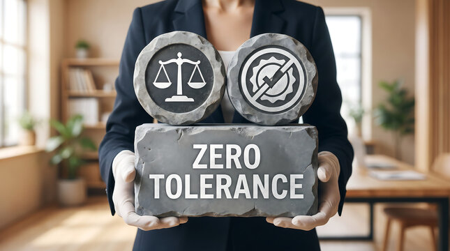 Zero tolerance concept. Person holding white blocks with icons sees the inscription ZERO TOLERANCE. New system