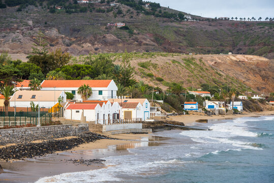 View of Vila Baleira beach and nearby houses from the pier on Porto Santo Island in Portugal's North Atlantic region