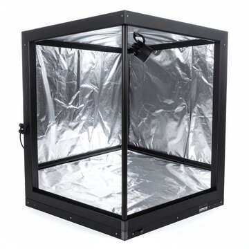 Reflective interior cube tent with overhead light