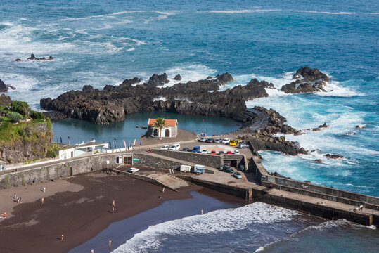 Visit Seixal public swimming pool and beach along the Madeira coastline near the Atlantic Ocean in Portugal