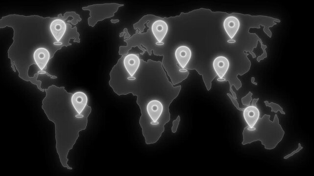 Dark stylized world map with glowing location pins marking multiple continents animation