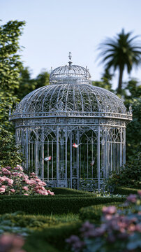 Ornate Victorian Wrought Iron Aviary in Manicured English Garden with Finches in Soft Morning Light
