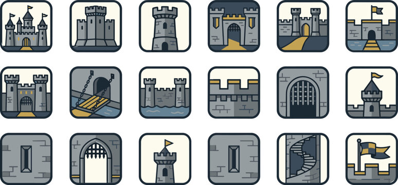 Medieval castle fortress icons set with stone towers, gates, walls, moat, flags, drawbridge, spiral staircase illustration