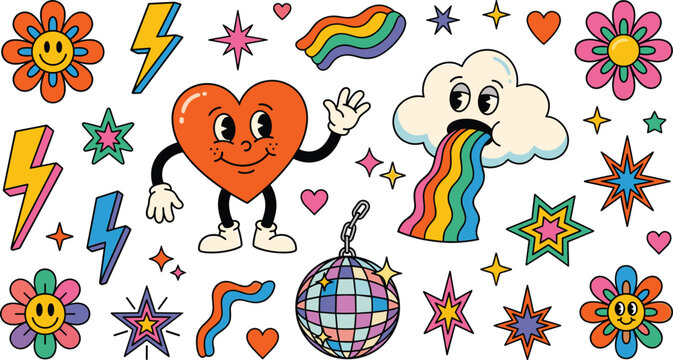 Retro Groovy 70s Set with Heart Character Rainbow Cloud Disco Ball Lightning and Star Vector Illustration