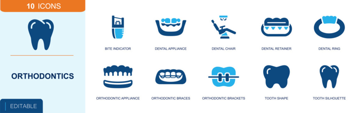 Orthodontics icon set. Containing bite indicator, dental appliance, dental chair, retainer, braces, brackets, tooth shape, tooth silhouette, dental ring and more. Solid fill vector icons.