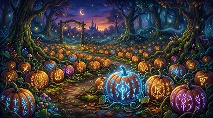 Fototapeta premium Pumpkins with Glowing Symbols in an Enchanted Forest at Night Featuring Fantasy, Magical, Halloween with Autumn and Mystical