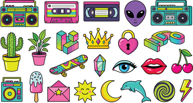 Retro 90s Sticker Set with Boombox Cassette Alien Skateboard Crystal Lips and Dolphin Vector Illustration Bundle