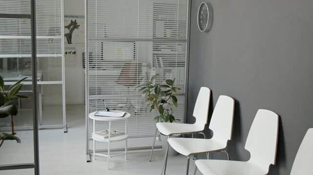 Empty veterinary clinic waiting room showing chairs, wall clock, and dog anatomy poster behind glass partition. Clip is perfect for pet care services or animal healthcare marketing