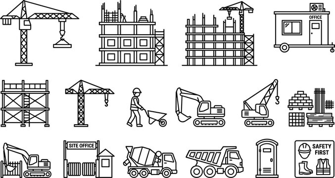 Construction site building line icons collection with tower crane, unfinished structure, excavator, concrete mixer, dump truck outline illustration