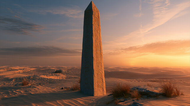 Ancient Egyptian Obelisk in the Desert at Sunset with Golden Hour Lighting and Weathered Hieroglyphics Photorealistic 8k Hyperdetailed
