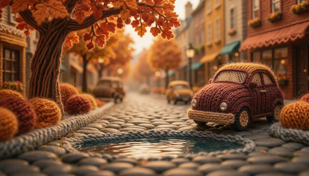 Kreative Street-Art-Szene im Herbst komplett aus bunter Wolle gestrickt