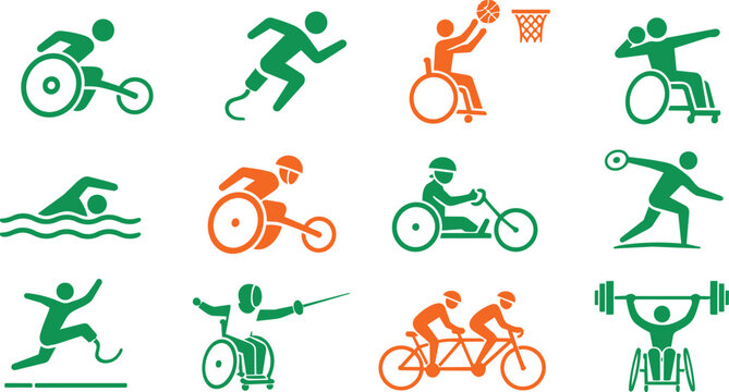 Green and orange adaptive sports pictogram set for disabled athletes
