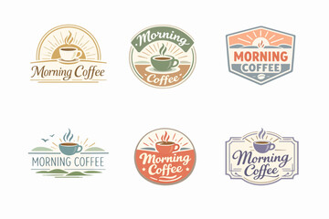 Fototapeta premium Set of retro-inspired morning coffee logos displaying various cups, steam, sun rays, and typography for cafes and establishments