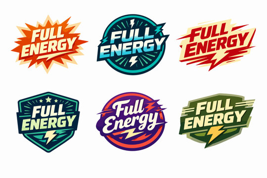 Full energy badge set showing lightning bolts, thunder, stars, and graphic elements for power and dynamism concepts