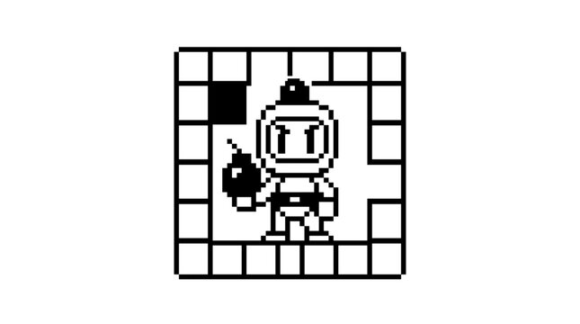 Retro pixel art bomberman character holding a bomb.