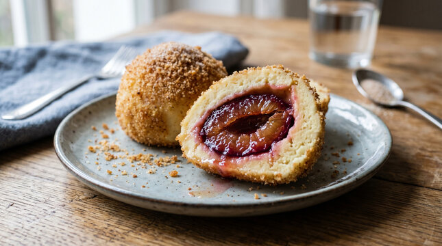 Plum dumplings cut open with filling