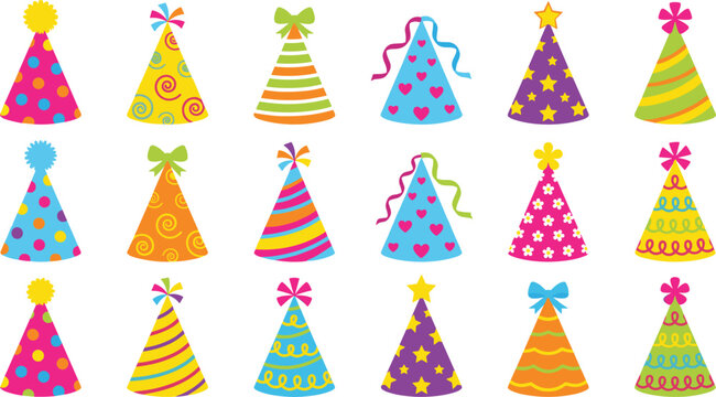 Colorful Birthday Party Hat Set with Polka Dot Stripe Star and Bow Pattern Vector Illustration Bundle