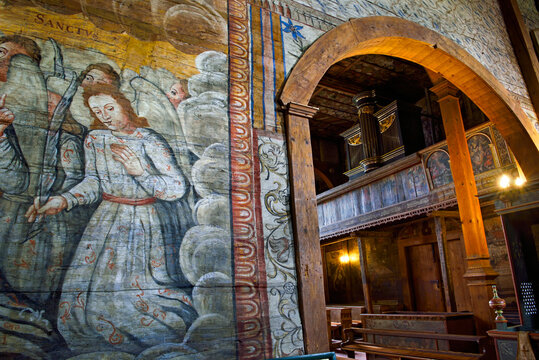 Fresco depicting angels and scenes from the Bible in St. Michael Archangels Church in Poland