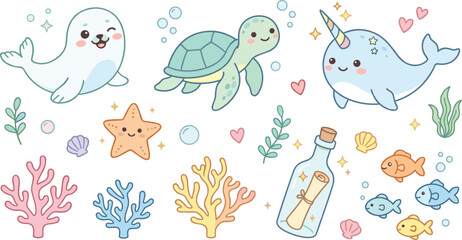 Cute Cartoon Ocean Set with Seal Turtle Narwhal Starfish Coral Fish Seashell and Message Bottle Vector Illustration © MdRezaul
