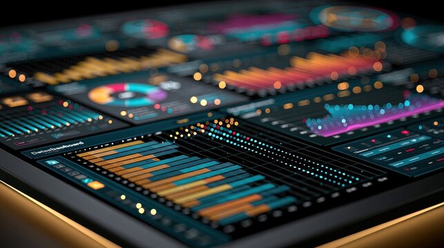 Data visualization interactive dashboard business intelligence analytical insights decision support operational excellence focus on colorful charts copy space technology theme futuristic Blend mode hi