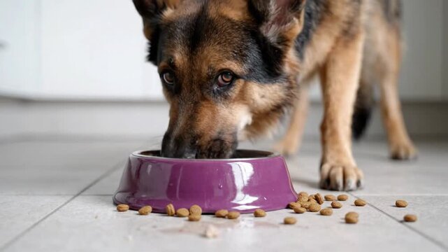 German Shepherd dog eats kibbles from bowl on kitchen floor