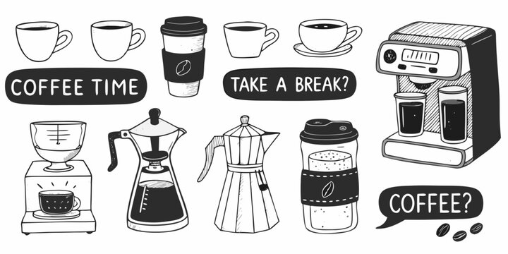 Hand Drawn Coffee Collection Black And White Vector Illustration