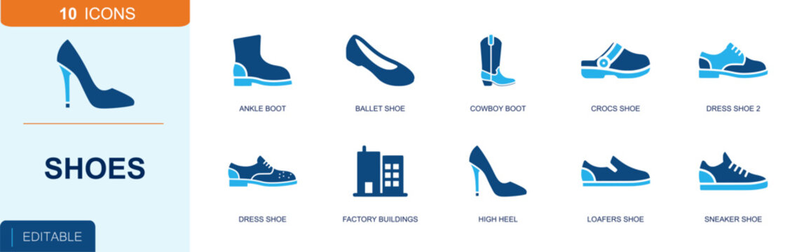Shoes icon set. Containing ankle boot, ballet flat, cowboy boot, clog shoe, dress shoe, high heel pump, loafer shoe, sneaker shoe, fashion footwear and more. Solid fill vector icons.