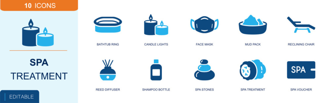 Spa treatment icon set. Containing bathtub ring, candles, face mask, mud pack, reclining chair, reed diffuser, shampoo bottle, spa stones, spa voucher and more. Solid fill vector icons.