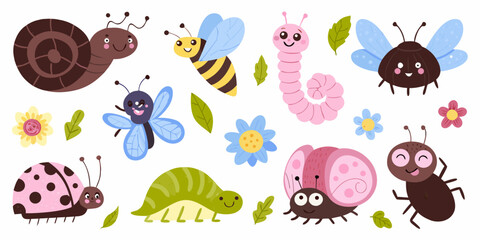 Cartoon Garden Insects And Bugs Collection Colorful Vector Illustration © Nasir
