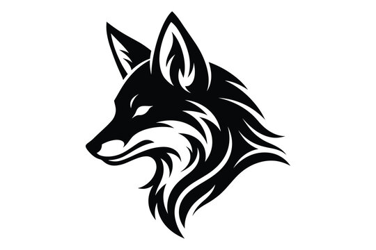 Stylized black and white wolf head with long fur and sharp ears profile view
