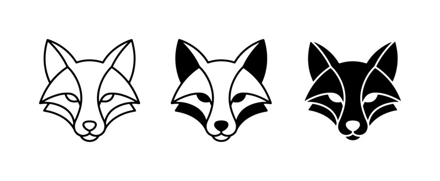 Geometric Fox Head Icons, Minimalist Animal Logos, Black and White Wildlife Graphics