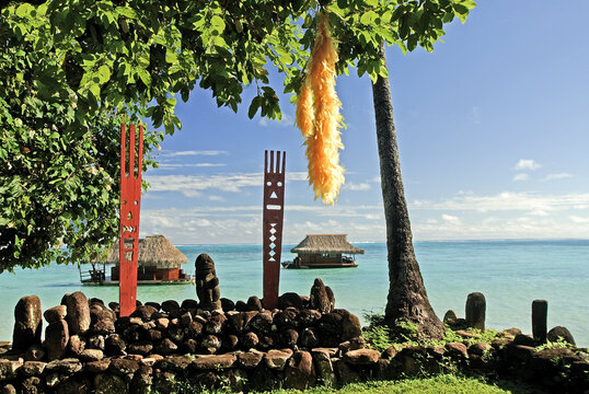 Marae at Tiki Village overlooking the ocean in Moorea, Society Islands, French Polynesia
