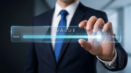 Obraz premium Businessman adjusting virtual digital slider interface to maximize business value and corporate performance