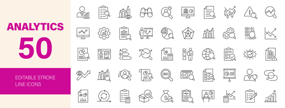 Analytics icon set. Editable line icons. Vector illustration.