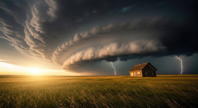 Approaching supercell storm cloud over farmhouse at sunset horizon.