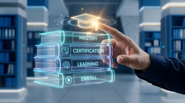 Student touching virtual glowing book stack interface for online education and digital certification mastery