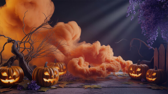 Spooky Halloween pumpkins glow brightly on a wooden table outdoors at night with eerie smoke rising.
