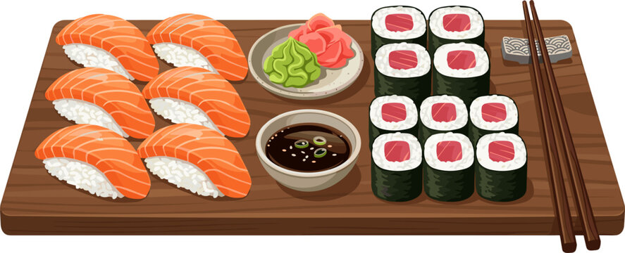 Fresh Japanese sushi platter with salmon nigiri, tuna maki rolls, wasabi, ginger, soy sauce on wooden board illustration